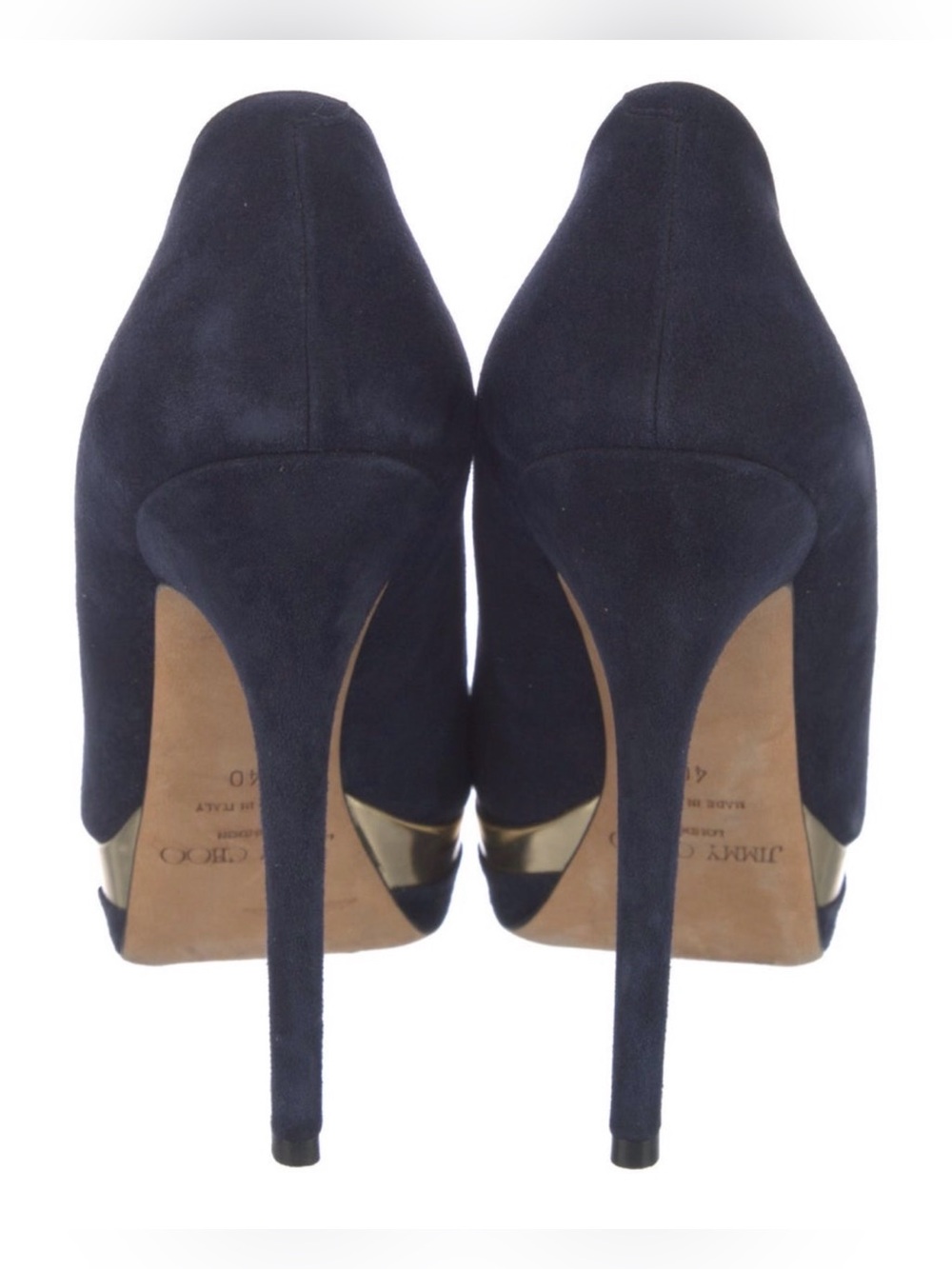 Jimmy Choo Navy Suede Platform Pump with Gold Trim - Picture 4 of 5